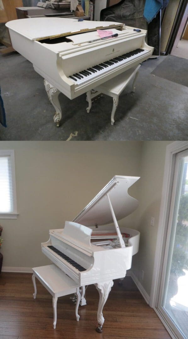 A white piano sitting in front of a window.